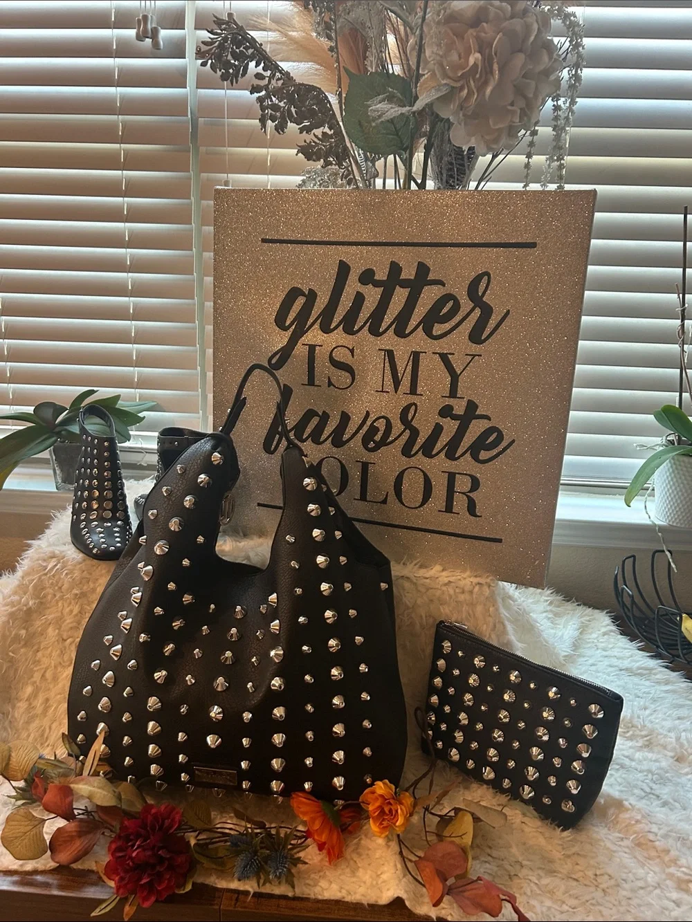Black Studded Hobo Bag with Matching Wallet - Unbranded